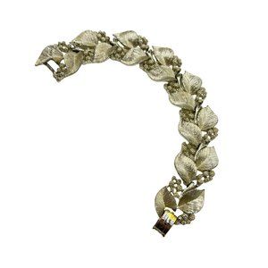 Vintage Signed LISNER Wide Gold Tone Bracelet Leaves Designed Brushed Textured